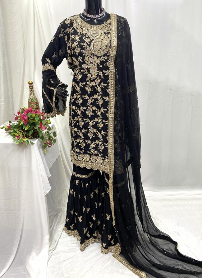 Chiffon Black Wedding Wear Embroidery Work Readymade Sharara Suit